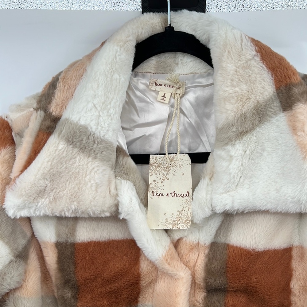 🆕Hem & Thread Fleece Jacket Plaid Colorblock Cream Orange Brown Lined Restocked - Picture 6 of 15